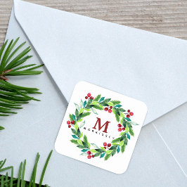 Adesivo Quadrado Watercolor Hallie e Berries Wreath Monogramas