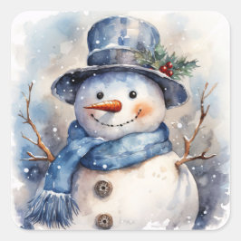 Adesivo Quadrado Watercolor Happy Christmas Snowman (Neve Feliz Nat