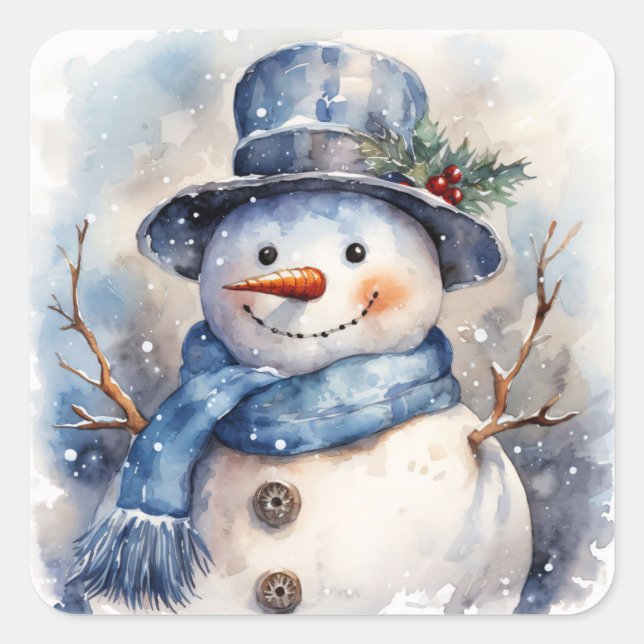 Adesivo Quadrado Watercolor Happy Christmas Snowman (Neve Feliz Nat (Frente)