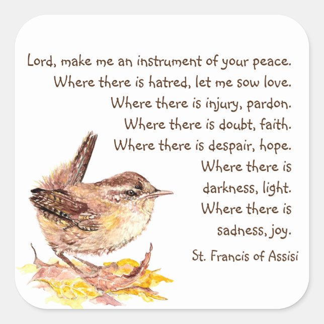 Adesivo Quadrado Watercolor House Wren Bird Ruas. Francis Prayer (Frente)