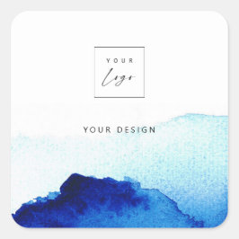 Adesivo Quadrado Watercolor Indigo Azul Logotipo e Texto Personaliz
