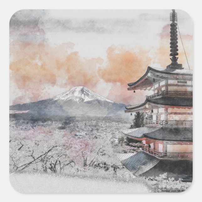 Adesivo Quadrado Watercolor Japanese Pagoda & Mt. Fuji Square  (Frente)