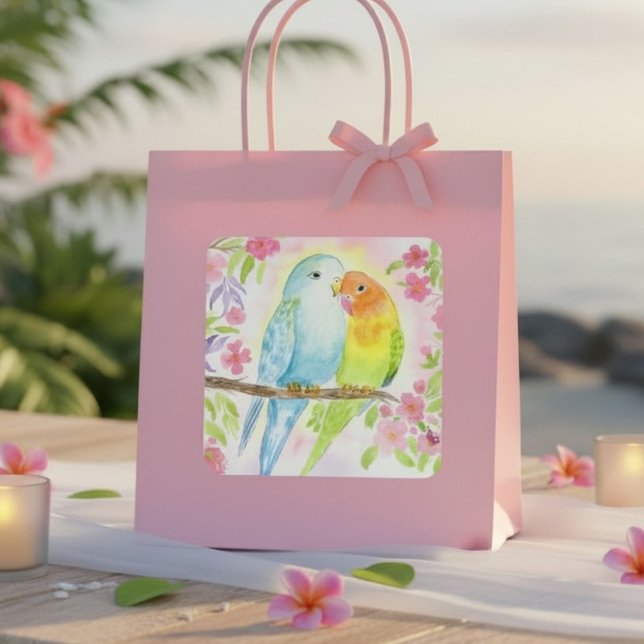 Adesivo Quadrado Watercolor Love Birds with Pink Flowers (Criador carregado)