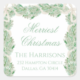 Adesivo Quadrado Watercolor Merry Christmas Garland Vintage