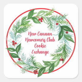 Adesivo Quadrado Watercolor Natal Foliday Wreath CUSTOM