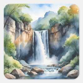 Adesivo Quadrado Watercolor painted waterfall