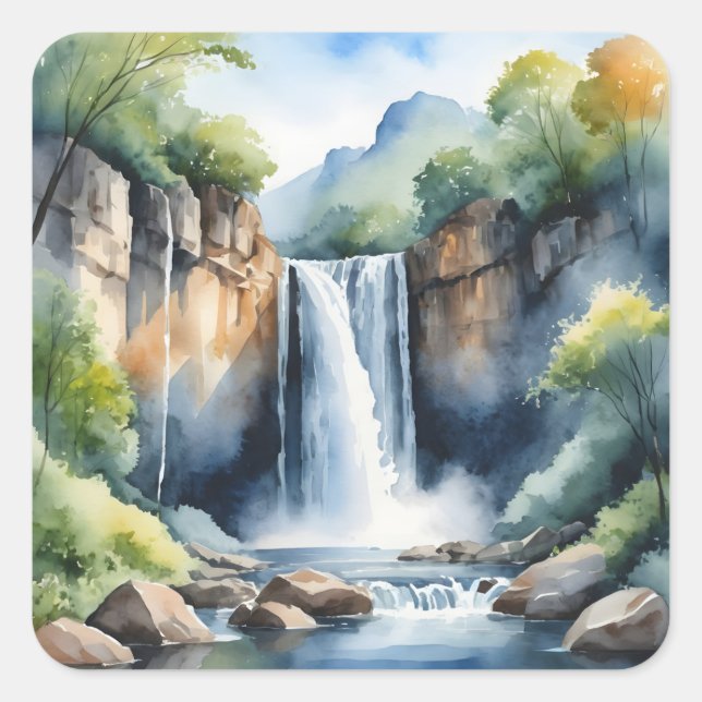 Adesivo Quadrado Watercolor painted waterfall (Frente)