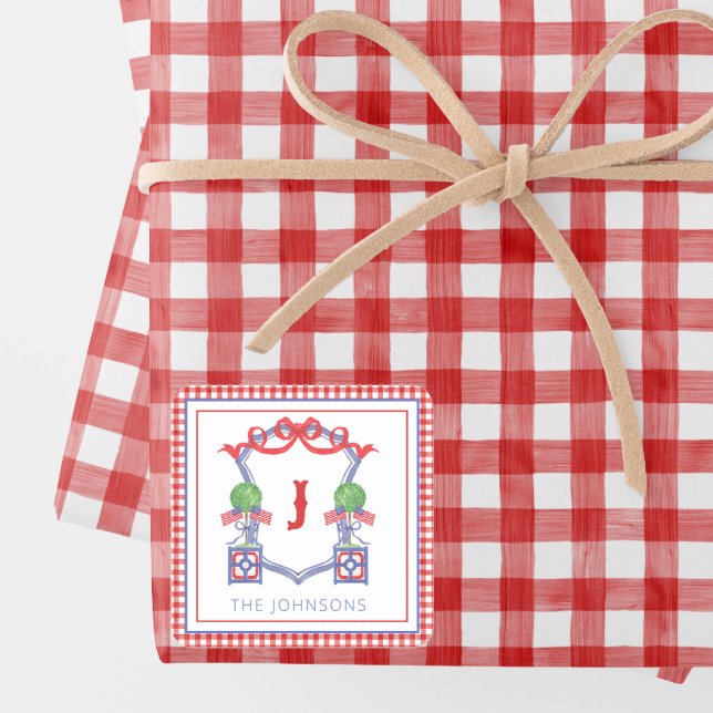 Adesivo Quadrado Watercolor Patriotic American Flag Topiary Crest (Criador carregado)