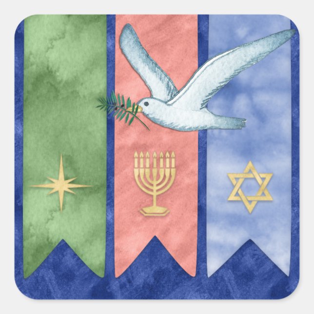 Adesivo Quadrado Watercolor Peace Christmas Kwanzaa Hanukkah (Frente)