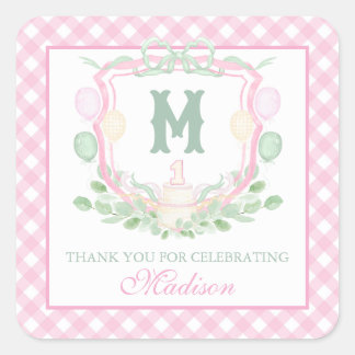 Adesivo Quadrado Watercolor Pink 1st Birthday Monogram Crest Gift