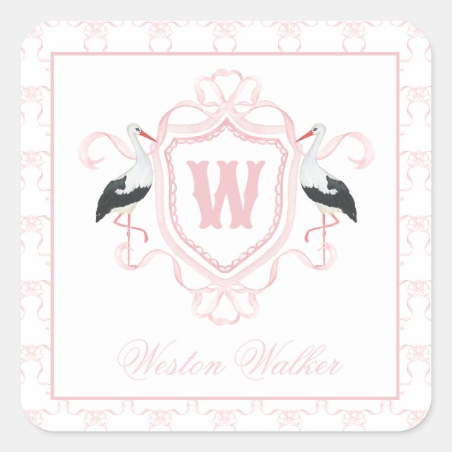 Adesivo Quadrado Watercolor Pink Stork Bow Monogram Crest (Frente)