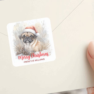 Adesivo Quadrado Watercolor Pug Santa Hat Feliz Feriado de Natal