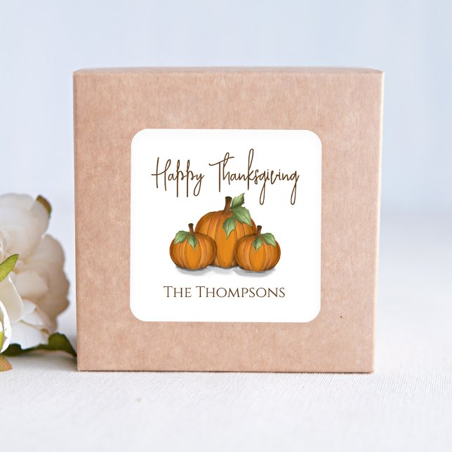 Adesivo Quadrado Watercolor Pumpkins Happy Thanksgiving Custom (Happy Thanksgiving Orange Pumpkins Party Favor Sticker.)