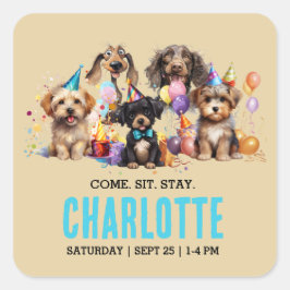 Adesivo Quadrado Watercolor Puppy Pawty Dog Aniversário