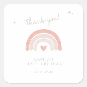 Adesivo Quadrado Watercolor Rainbow Boho Rosa Primeiro Favor de Ani