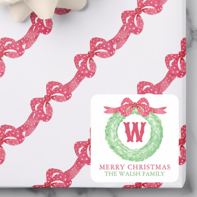 Adesivo Quadrado Watercolor Red Polka Dot Bow Monogram Wreath (Criador carregado)