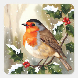 Adesivo Quadrado Watercolor Robin Christmas Design