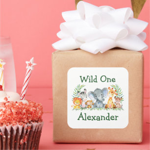 Adesivo Quadrado Watercolor Safari Animais Selvagens Um primeiro an