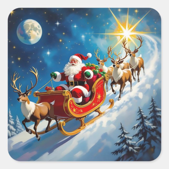 Adesivo Quadrado Watercolor Santa on Sleigh Christmas  (Frente)