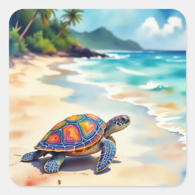 Adesivo Quadrado Watercolor Sea Turtle On a Beach (Frente)