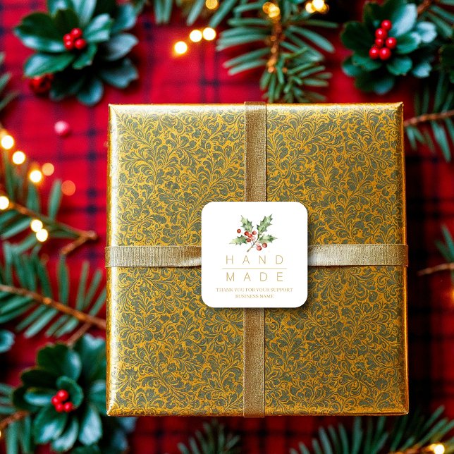 Adesivo Quadrado Watercolor Style Holly Branches Handmade Quote (Pretty Minimalist Watercolor Style Holly Branches Handmade Quote Christmas Square Sticker. )