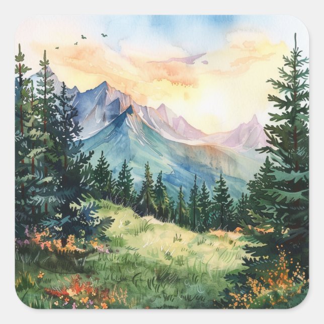 Adesivo Quadrado Watercolor Summer Mountain (Frente)