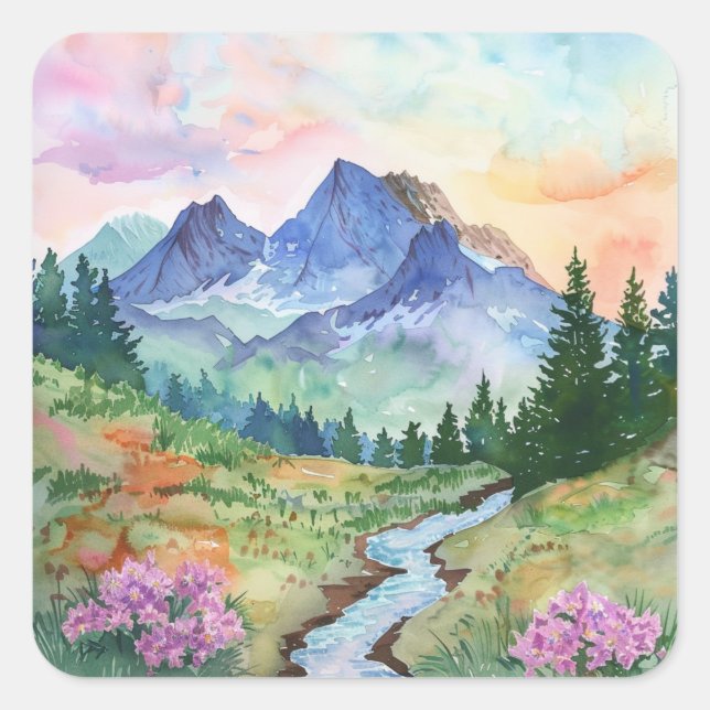 Adesivo Quadrado Watercolor Summer Mountain (Frente)