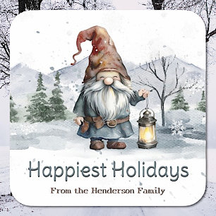 Adesivo Quadrado Watercolor Winter Christmas Gnomo Personalizado