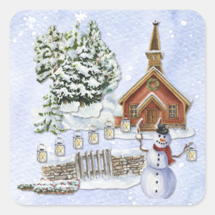 Adesivo Quadrado Watercolor Winter Church