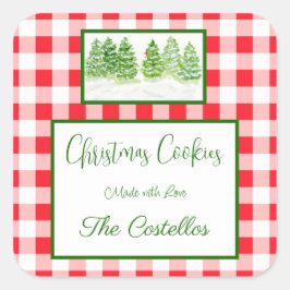 Adesivo Quadrado Watercolor Winter Trees Red Check COOKIES