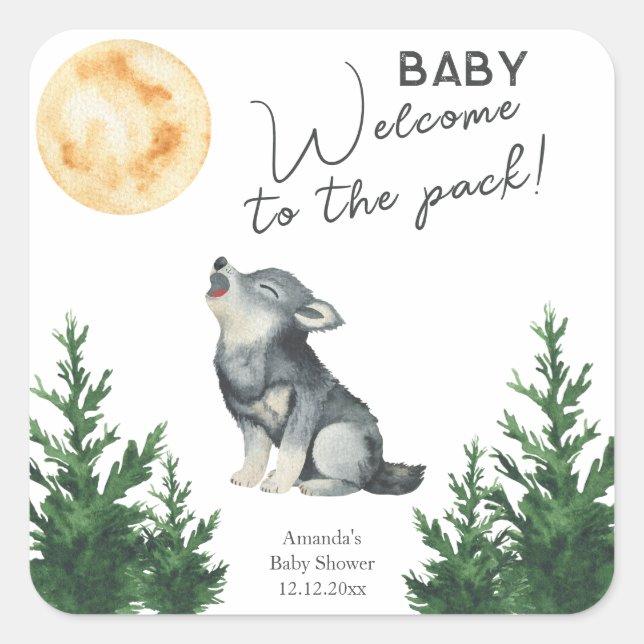 Adesivo Quadrado Watercolor Wolf Baby Shower  (Frente)