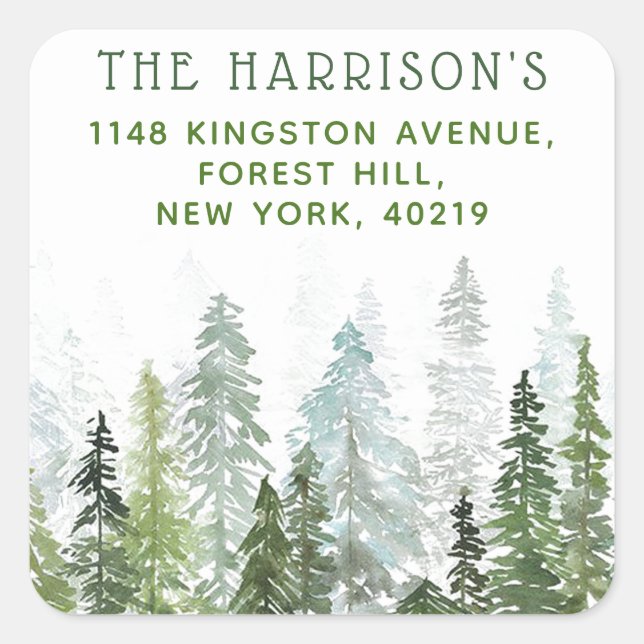 Adesivo Quadrado Watercolor Woodland Pine Trees Endereço de Devoluç (Frente)