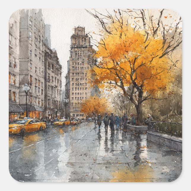 Adesivo Quadrado Watercolour Autumn in New York (Frente)