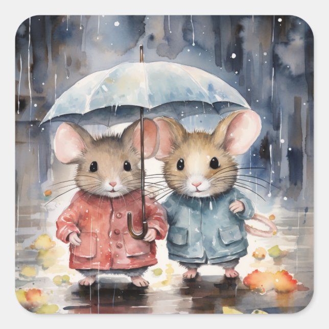 Adesivo Quadrado Watercolour Mice in The Rain (Frente)