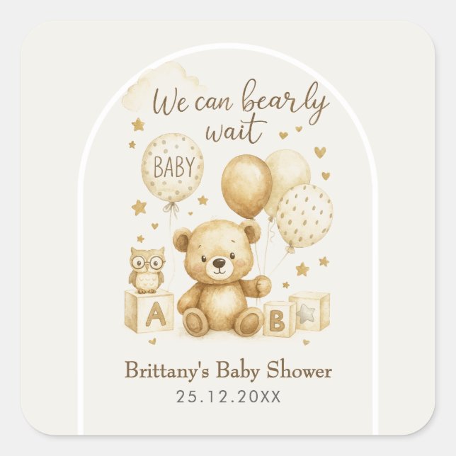 Adesivo Quadrado We Can Bearly Wait Baby Shower  (Frente)