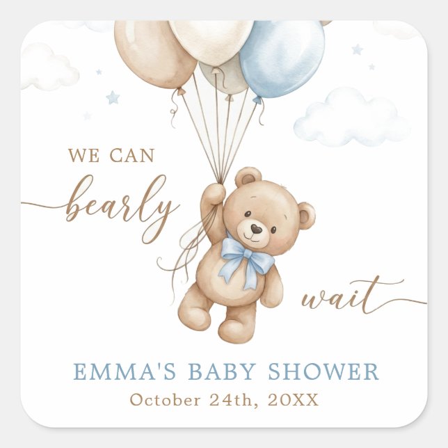 Adesivo Quadrado We Can Bearly Wait Boy Baby Shower Custom (Frente)