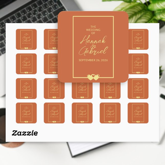 Adesivo Quadrado Wedding Terracotta Dourado (Terracotta and Gold wedding stickers)