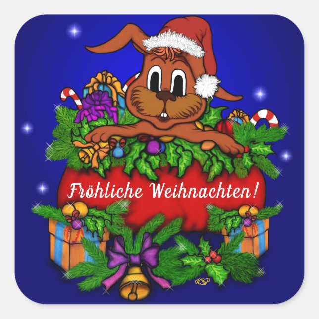 Adesivo Quadrado Weihnachtskaninchen, Fröhliche Weihnachten! (Frente)