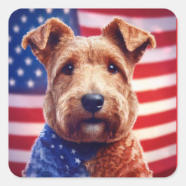 Adesivo Quadrado Welsh Terrier Com Bandeira Americana E Bandana