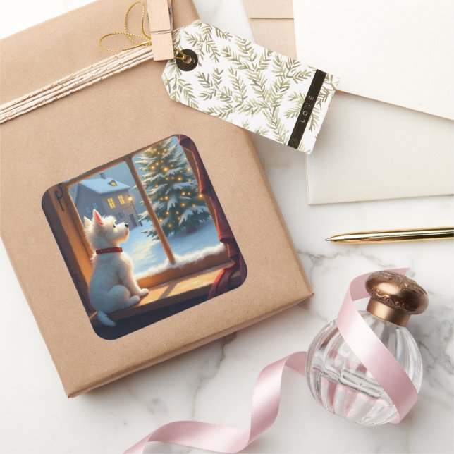 Adesivo Quadrado West Highland White Terrier Christmas Morning View (Presentear)