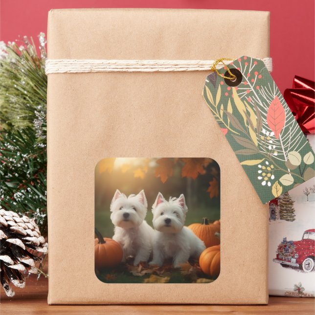 Adesivo Quadrado West Highland White Terrier Puppy Autumn Pumpkin (Feriado)