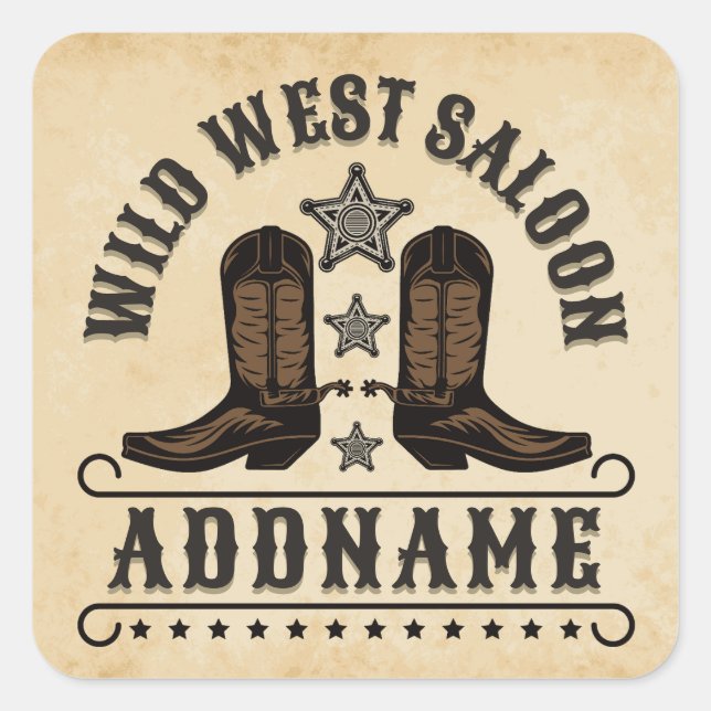 Adesivo Quadrado Western Cowboy Boots ADD NAME Xerife Spurs Saloon (Frente)