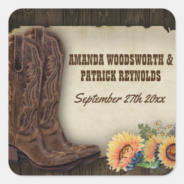 Adesivo Quadrado Western Cowboy Boots Sunflower Weding Favor (Frente)