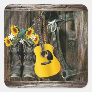 Adesivo Quadrado Western Horse Cowboy Botas Guitar Sunflower Squar