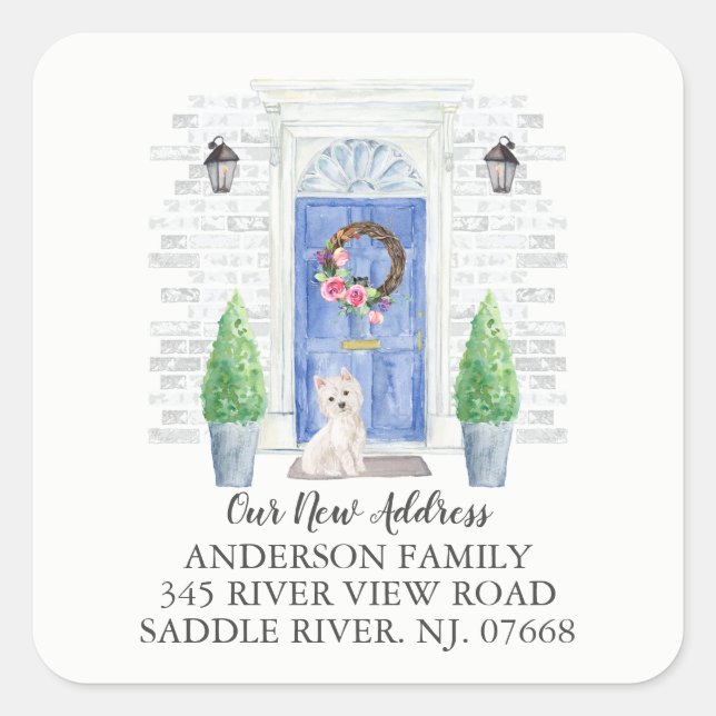 Adesivo Quadrado Westie Blue Door New Address Label Sticker (Frente)