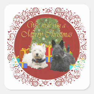Adesivo Quadrado Westie e Scottie Feliz Natal