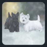 Adesivo Quadrado Westie Scottie Wintertime<br><div class="desc">Venha visitar nosso compro de Escoceses Maggie Ross para ver todos os designs mostrando Terriers Escoceses e Terriers Brancos da Highland Ocidental juntos em contextos sazonais. Maggie e Ross eram os nomes dos nossos cães Westie e Scotty e eles vivem na minha trabalho de arte. Escolha nossa ferramenta de texto...</div>