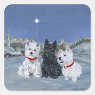 Adesivo Quadrado Westies e um Scottie no Natal