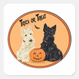 Adesivo Quadrado Wheaten & Black Scottish Terriers Halloween