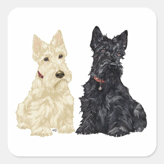 Adesivo Quadrado Wheaten e Black Scottish Terriers (Frente)